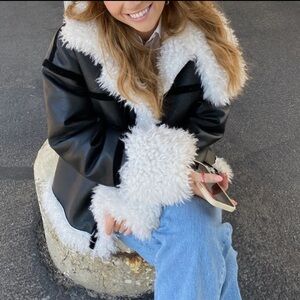Lioness Black Faux Leather Jacket with White Shearling Trim